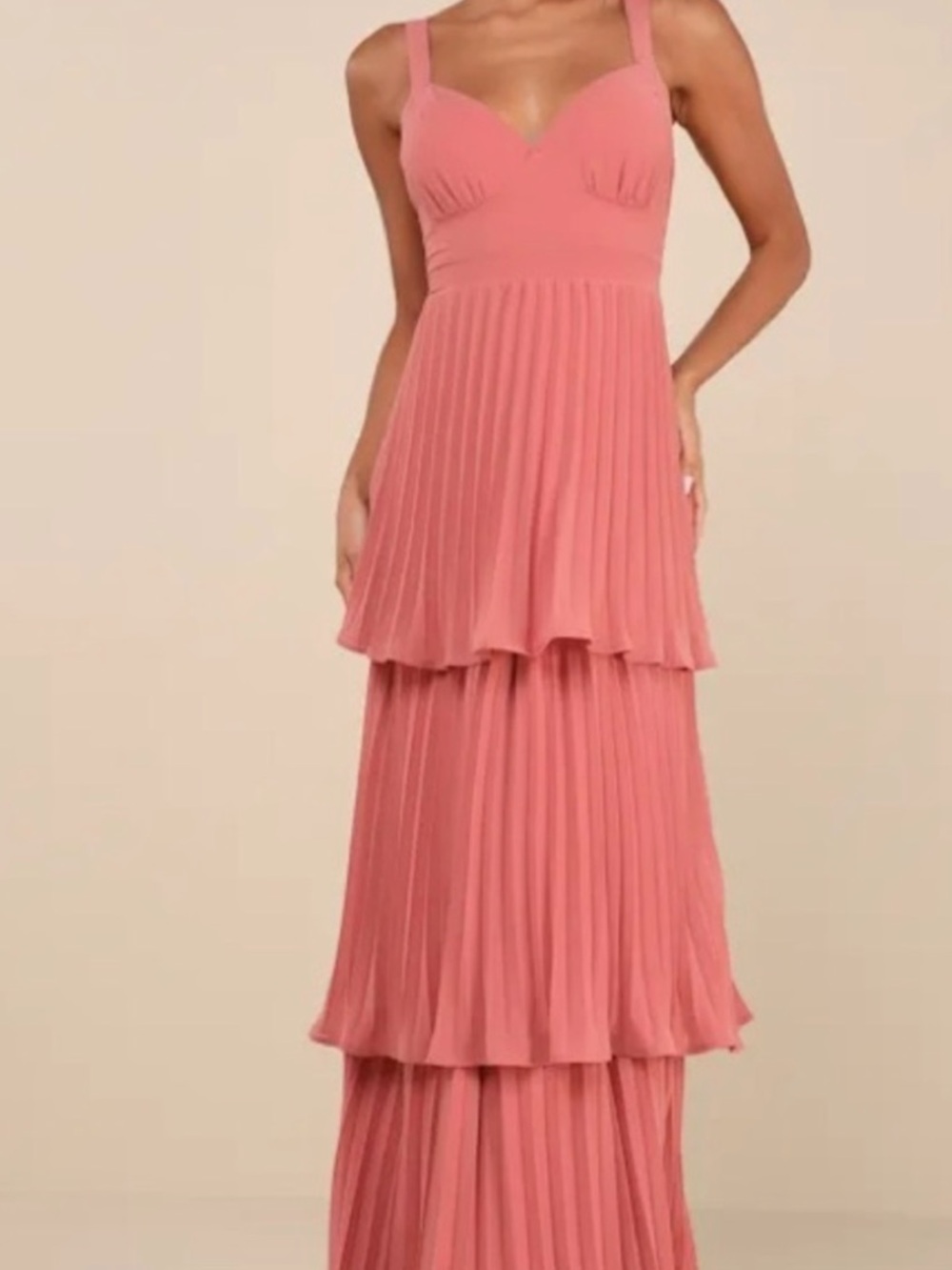 Lulus Tiered Pleated Maxi Dress in Rusty Rose